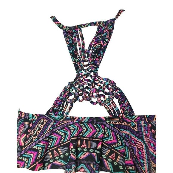 Womens Bikini S/M Aztec Print Ruffled Strappy Back High Waist Bottoms Two-Piece - Picture 3 of 3